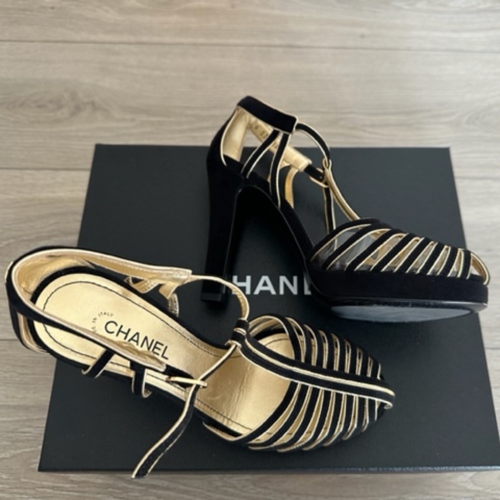 CHANEL Suede Black & Gold Open Shoes Size 36